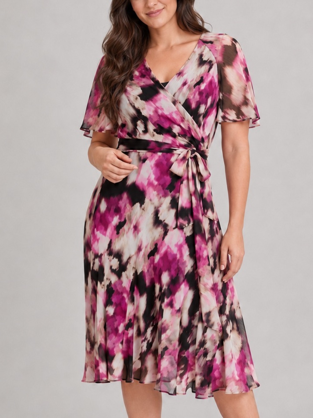🆕🌸💖DKNY 16 Pink Purple Floral Faux Wrap Belted Flutter Sleeve Maxi Dress Party